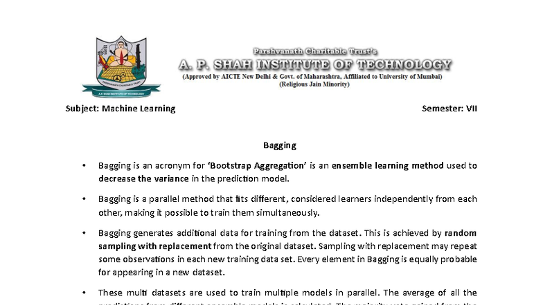 Bagging in Machine Learning - CE VII Lecture Notes - Studocu