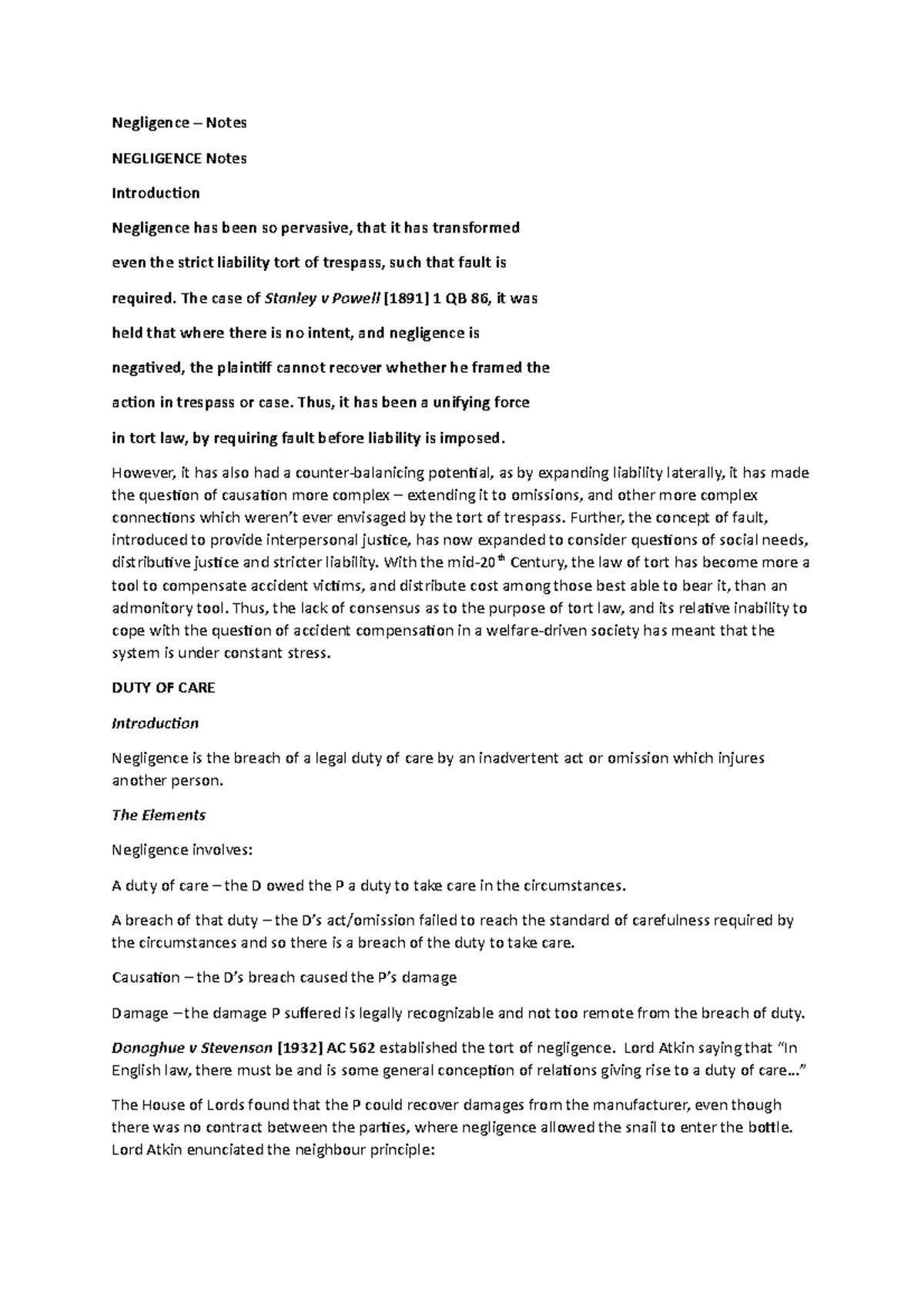 Negligence – Comprehensive Notes and Case Analyses for Law 101 - Studocu