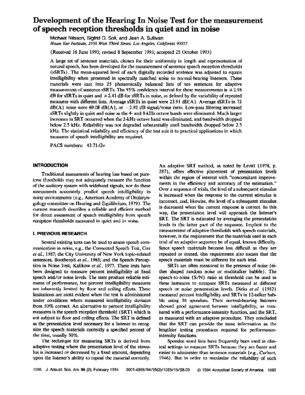 HINT 2100: Development of the Hearing In Noise Test for sSRTs - Studocu