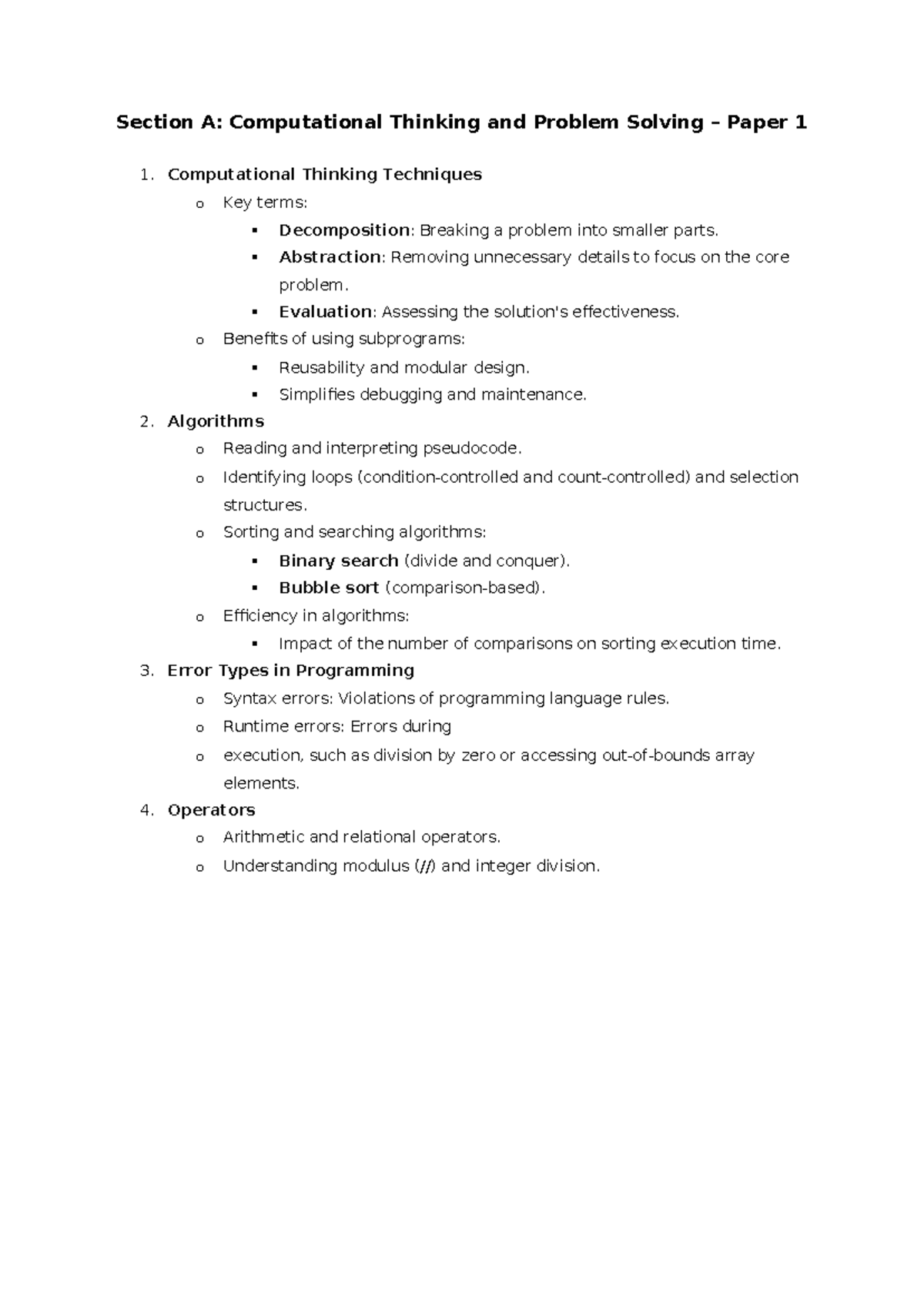 Revision Topic List for Comp Sci Paper 1 - Studocu