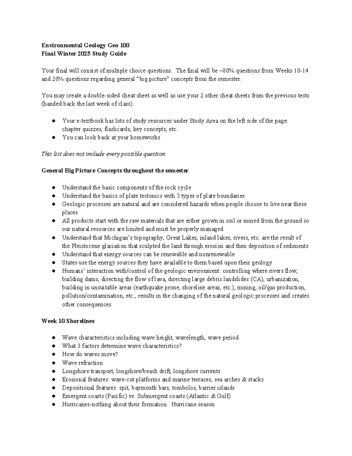 Environmental Geology Geo 100 Final Exam Study Guide Winter 2025 - Studocu