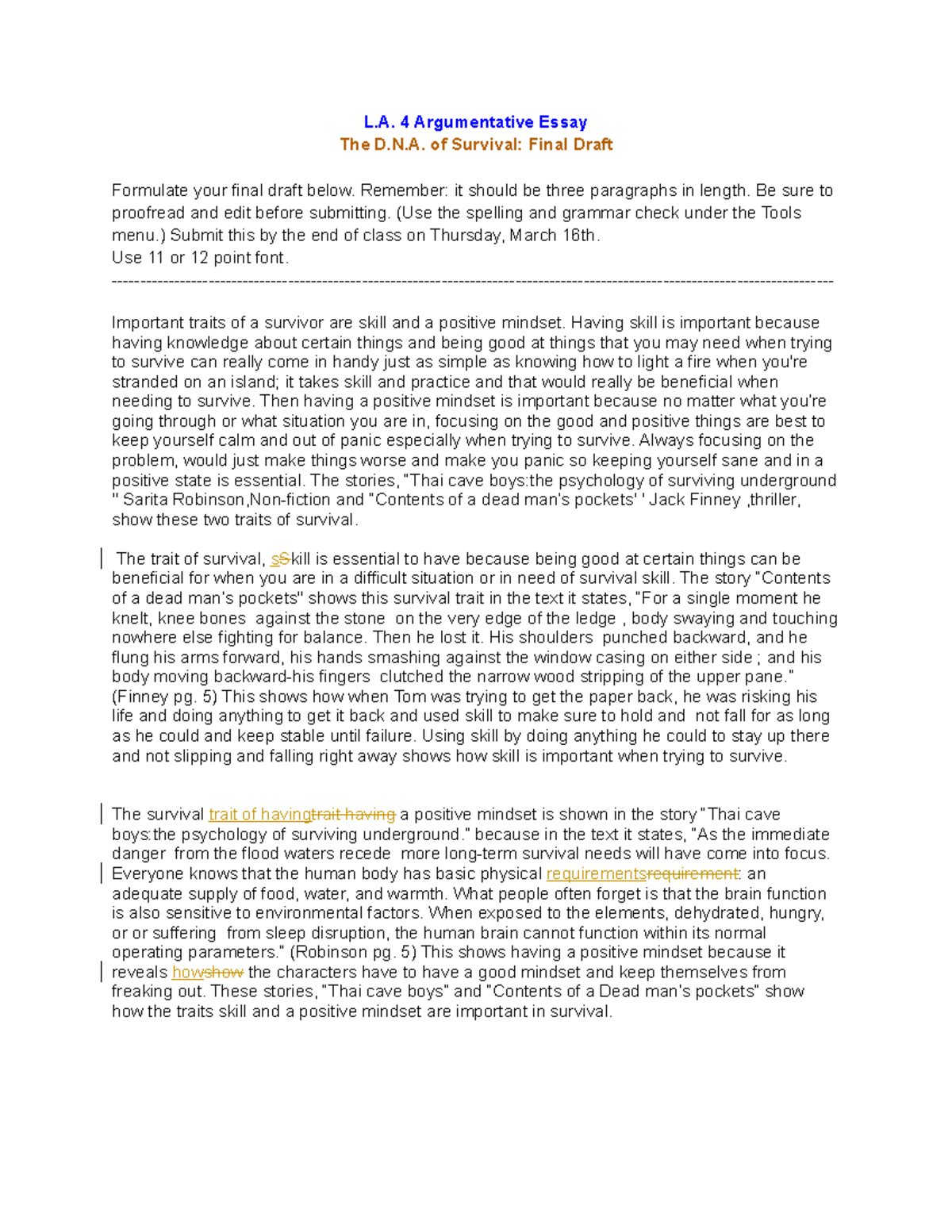 L.A. 4 Argumentative Essay Final Draft: Traits of Survival - 10224884 ...