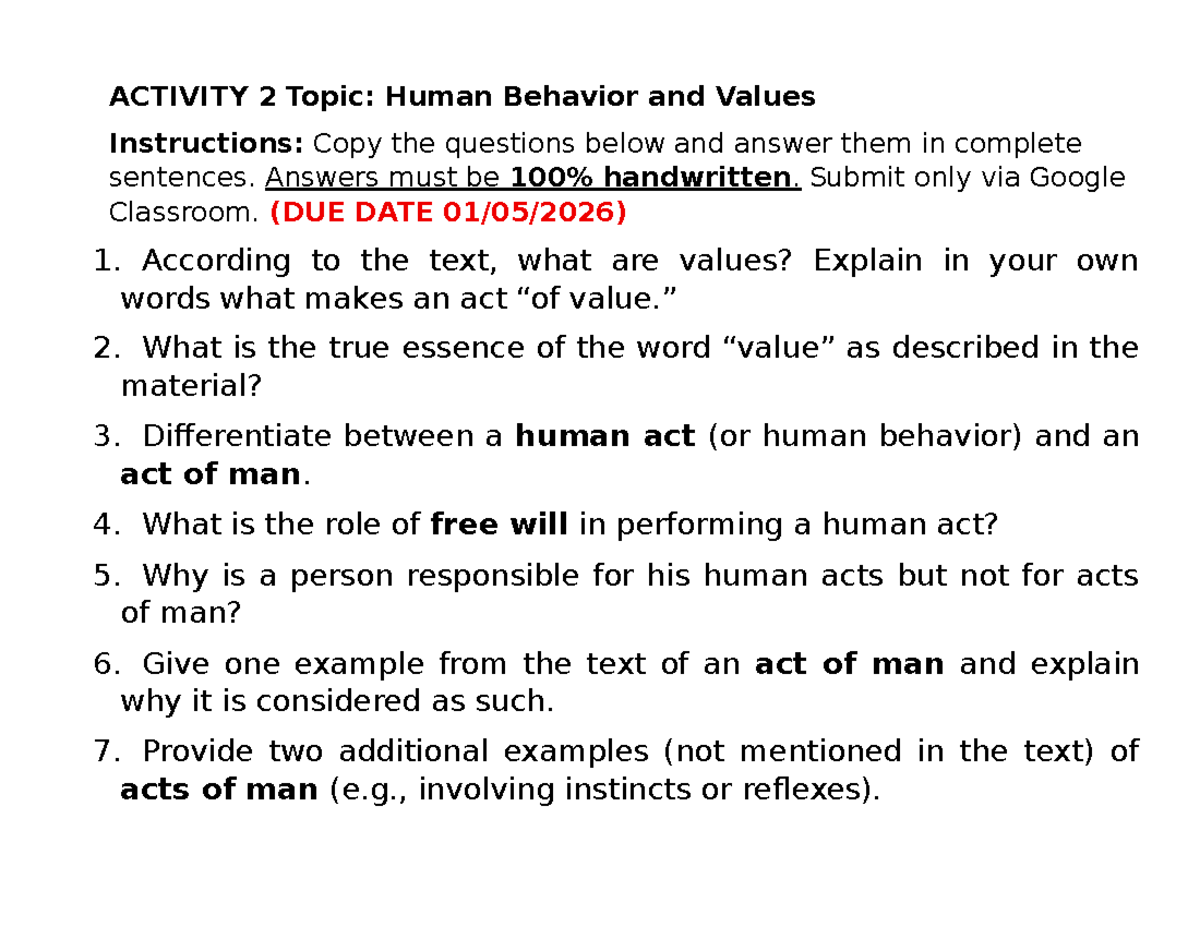 Activity 2 - Lecture Notes on Human Behavior and Values - Studocu