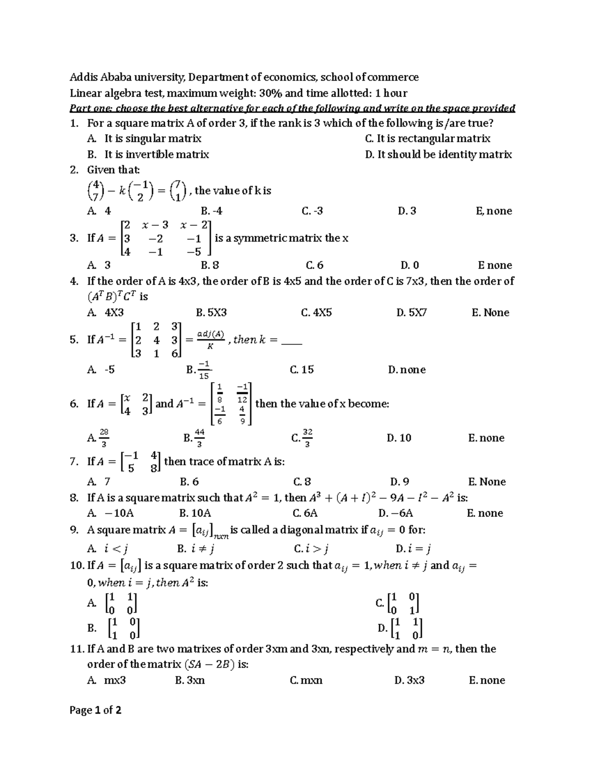 Linear Algebra Test - Code2: Addis Ababa University - Studocu