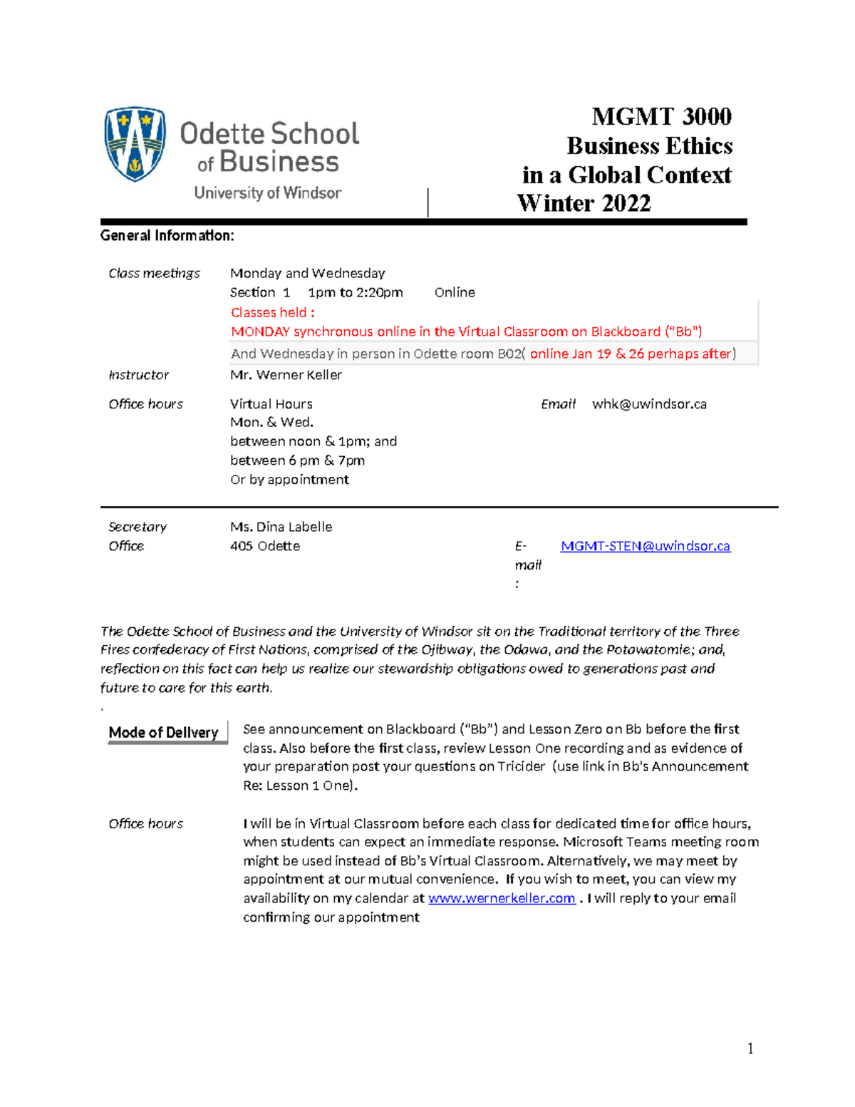 W22 MGMT 3000 (1) course outline - WHK - MGMT 3000 Business Ethics in a ...