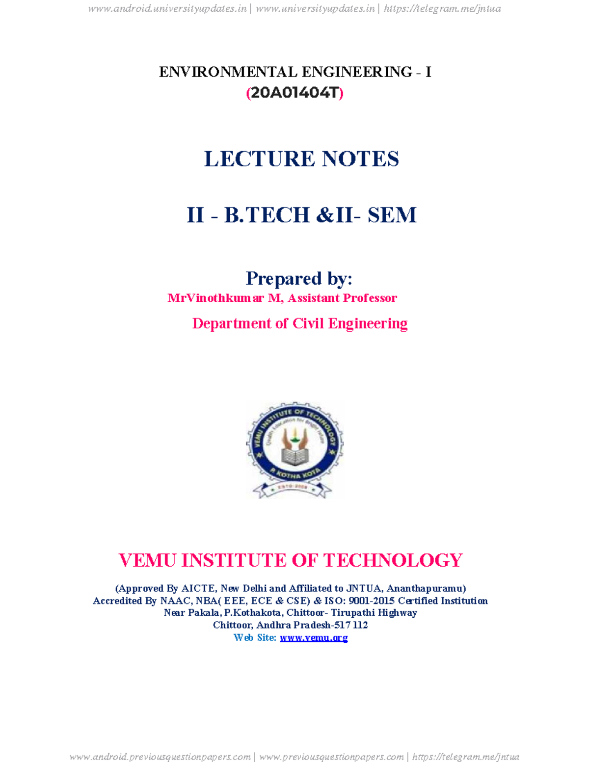 Environmental Engineering I (20A01404T) Lecture Notes - B.Tech R20 ...