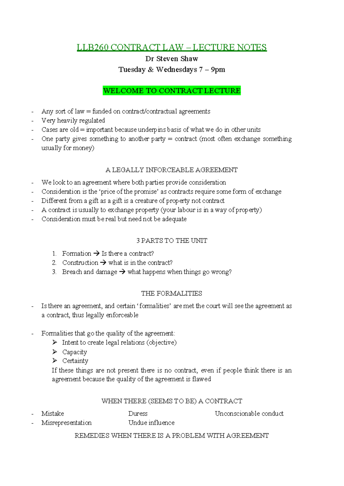 LLB260 CONTRACT LAW LECTURE NOTES - Dr. Steven Shaw (Week 1) - Studocu
