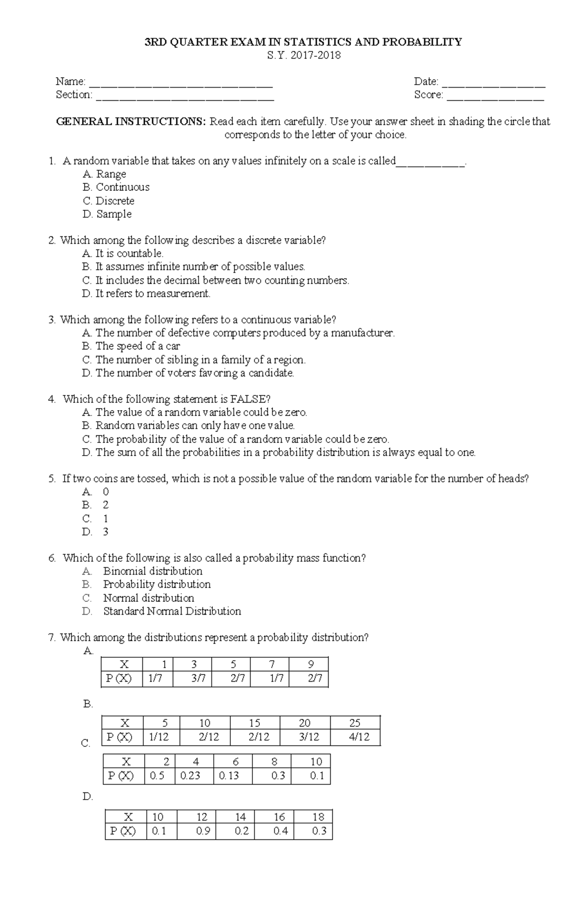 447279383 3RD PERIODICAL EXAM IN STATISTICS AND PROBABILITY - Studocu