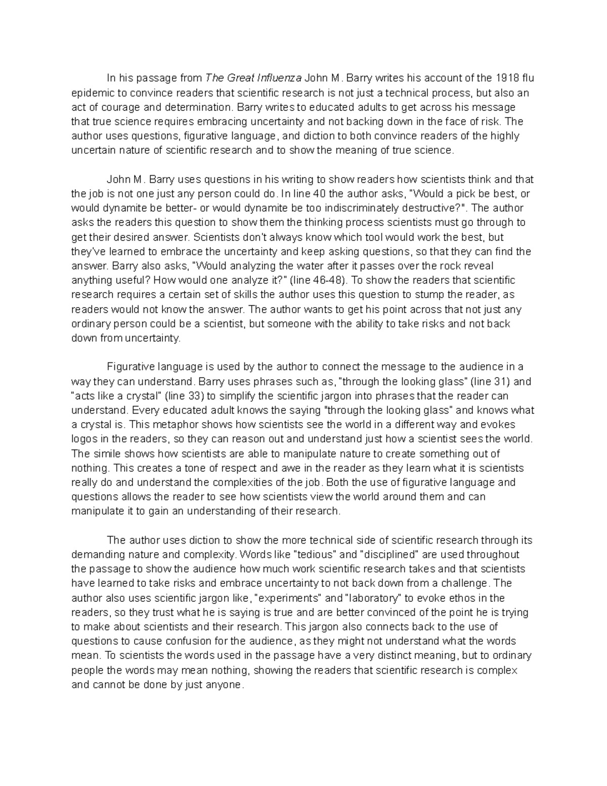 Avery Thomson - Rhetorical Analysis of Barry's The Great Influenza - Studocu