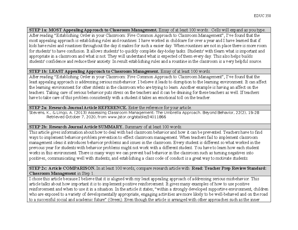 EDUC 350 Case Study Analysis on Classroom Management Approaches - Studocu