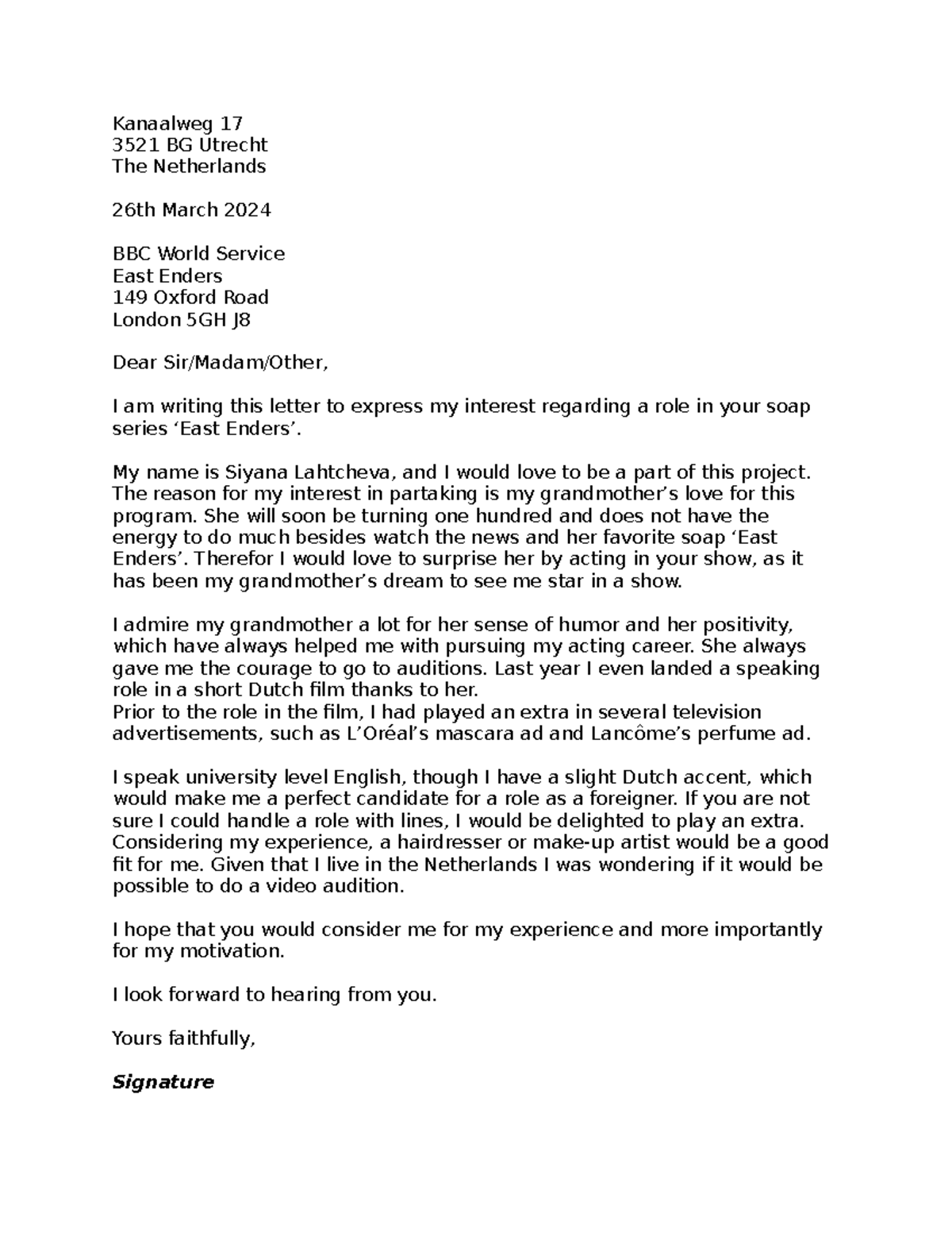 English PO Letter: Application for EastEnders Role by Siyana Lahtcheva ...