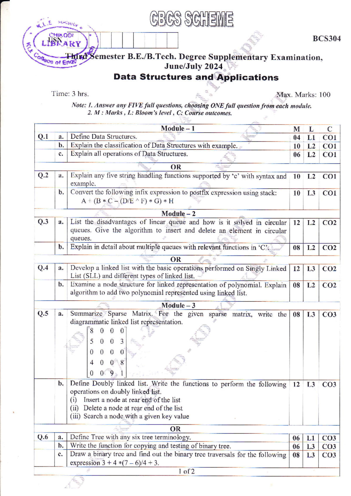 BCS304 Master Degree Supplementary Exam 2024: Data Structures & Apps ...