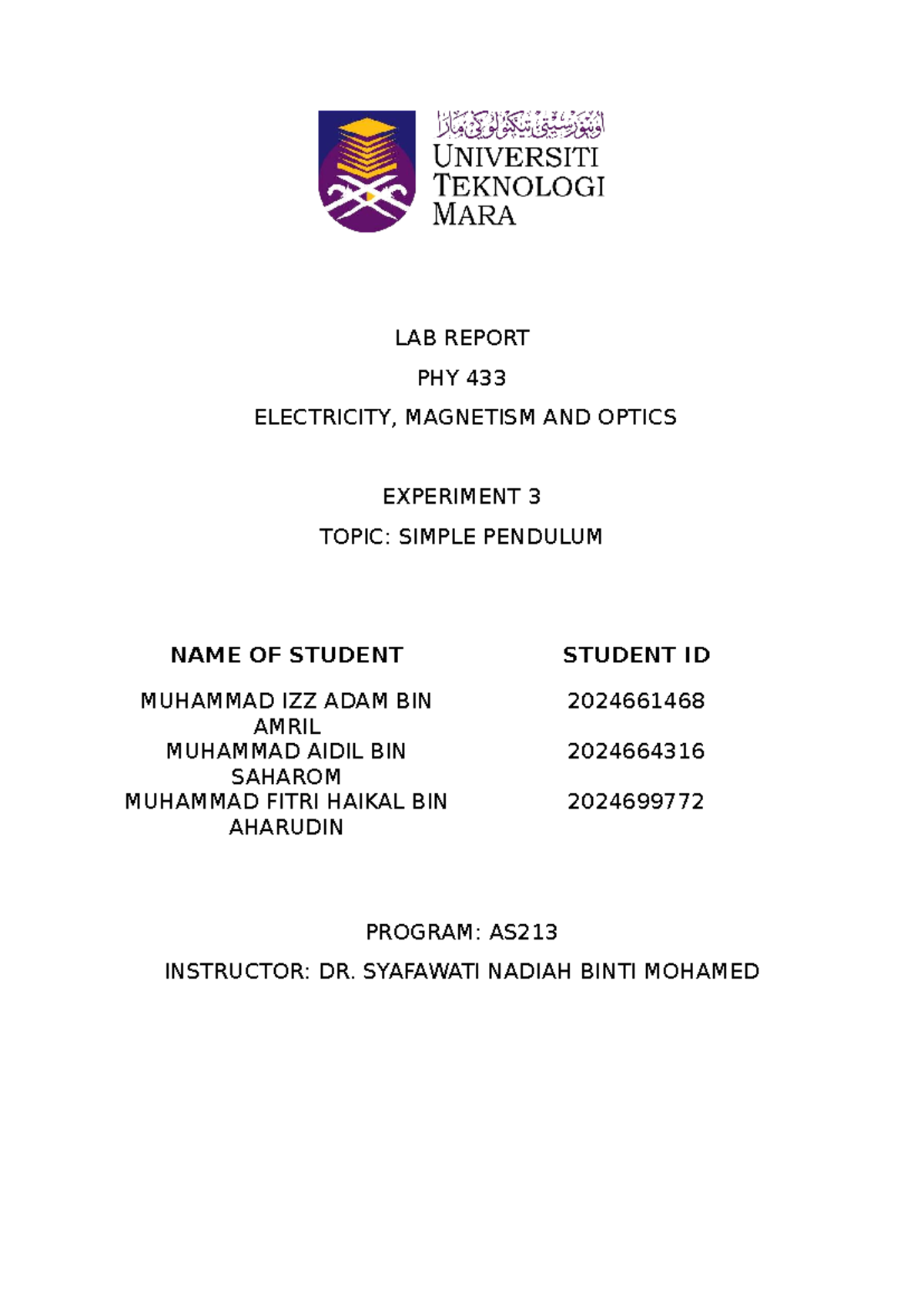 Lab Report PHY 433: Simple Pendulum Experiment 3 Analysis - Studocu