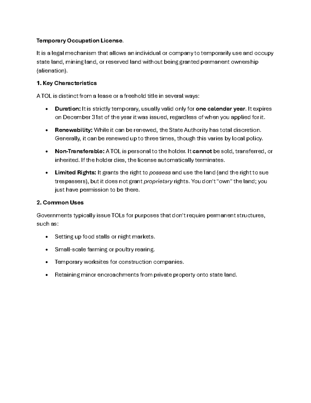 TOL in Land Law: Understanding Temporary Occupation Licenses - Studocu