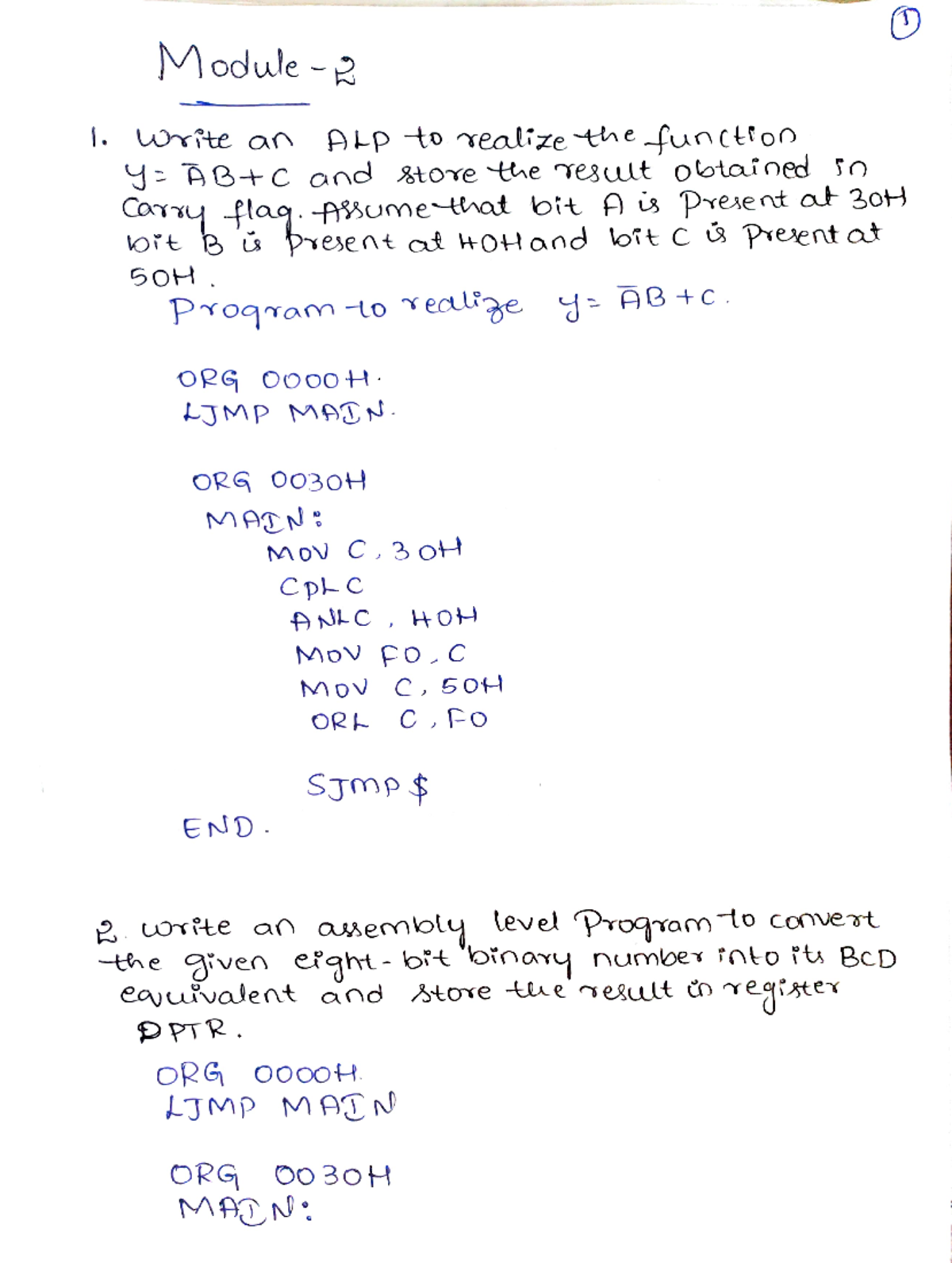 Microcontroller answers - Module -g I. wrte an ALP to Tealize ...