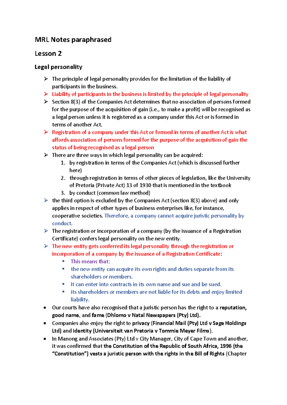 MRL Notes: Lesson 2 - Legal Personality and Company Liability - Studocu