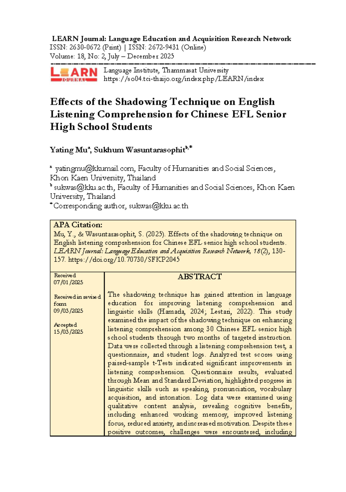 Effects of Shadowing Technique on EFL Listening Comprehension (ENG 2025 ...