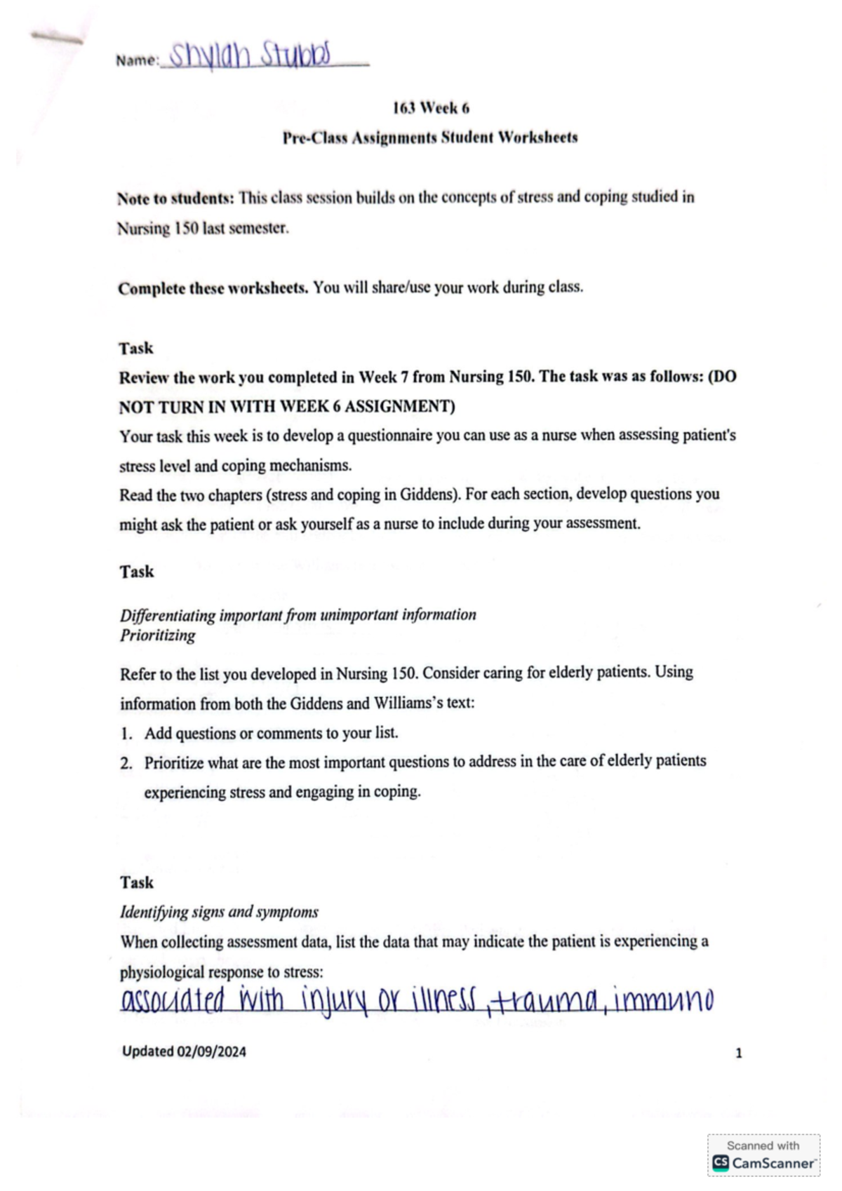 NUR 163 Week 6 Assignments: Stress & Coping Worksheets - Studocu
