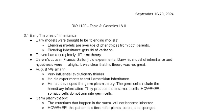 BIO 1130 - Topic 3: Genetics I - Early Theories of Inheritance - Studocu