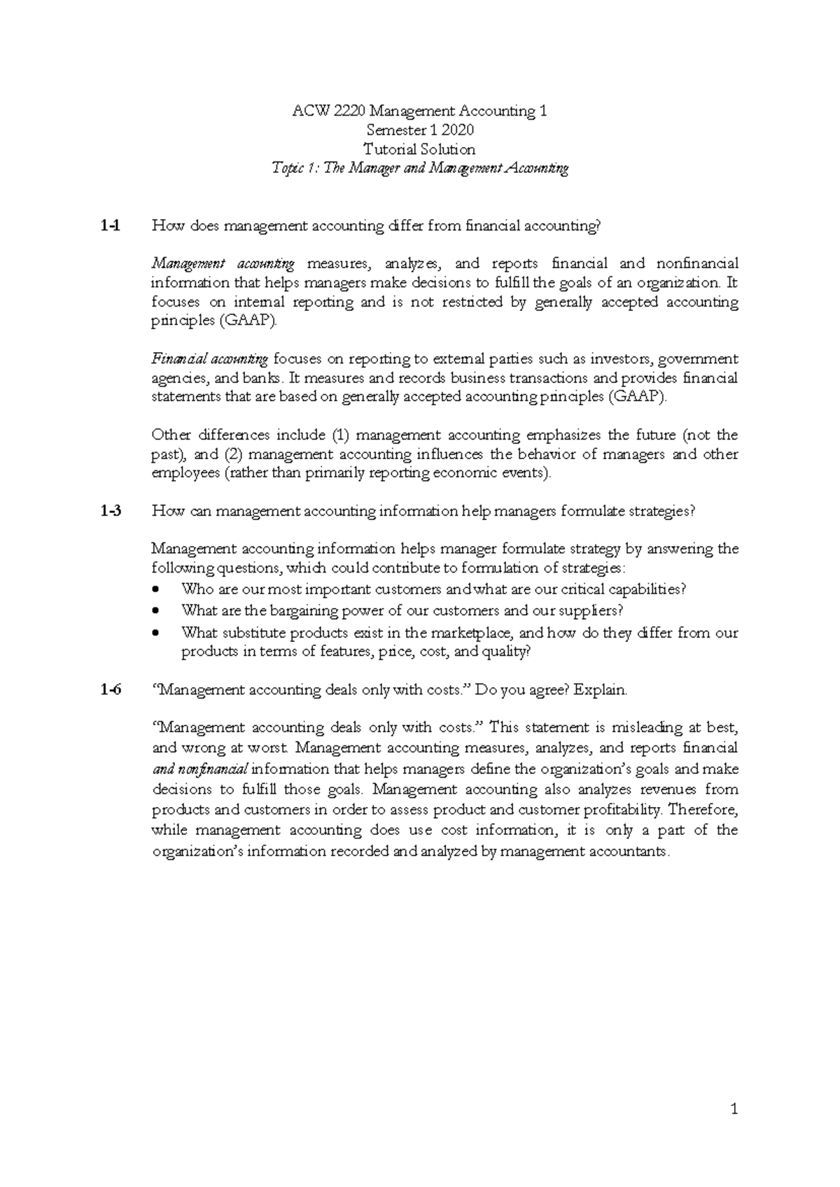 Tutorial Solution Topic 1 S1 2020 - 1 ACW 2220 Management Accounting 1 ...