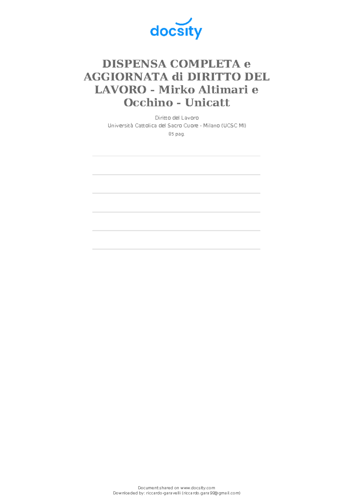 Dispensa Completa e Aggiornata di Diritto del Lavoro - Unicatt - Document Preview