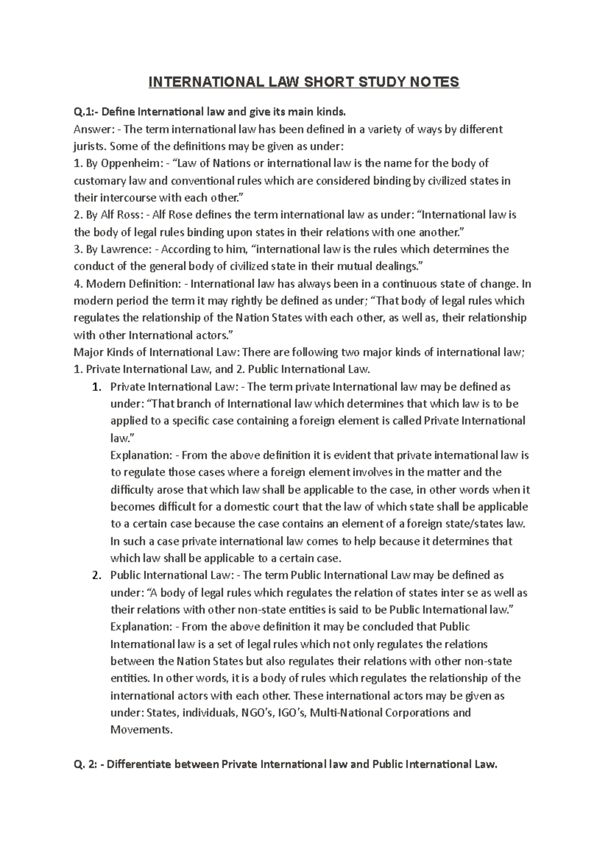 International LAW Short Study Notes: Key Concepts & Definitions - Studocu