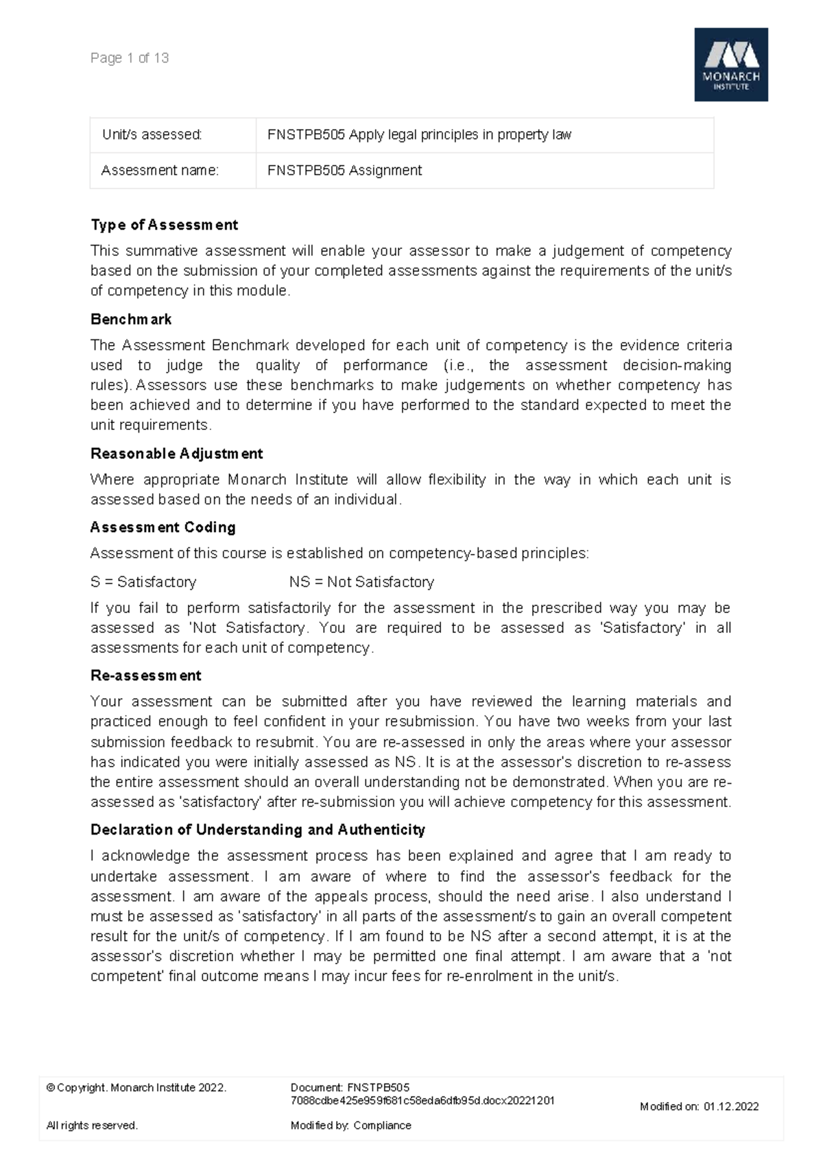 FNSTPB505 Property Law Assessment: Understanding Legal Principles - Studocu