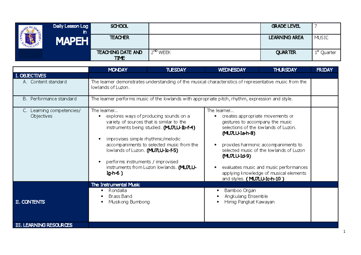 Q1 Grade 7 MAPEH Music Daily Lesson Log - Week 2 - Studocu