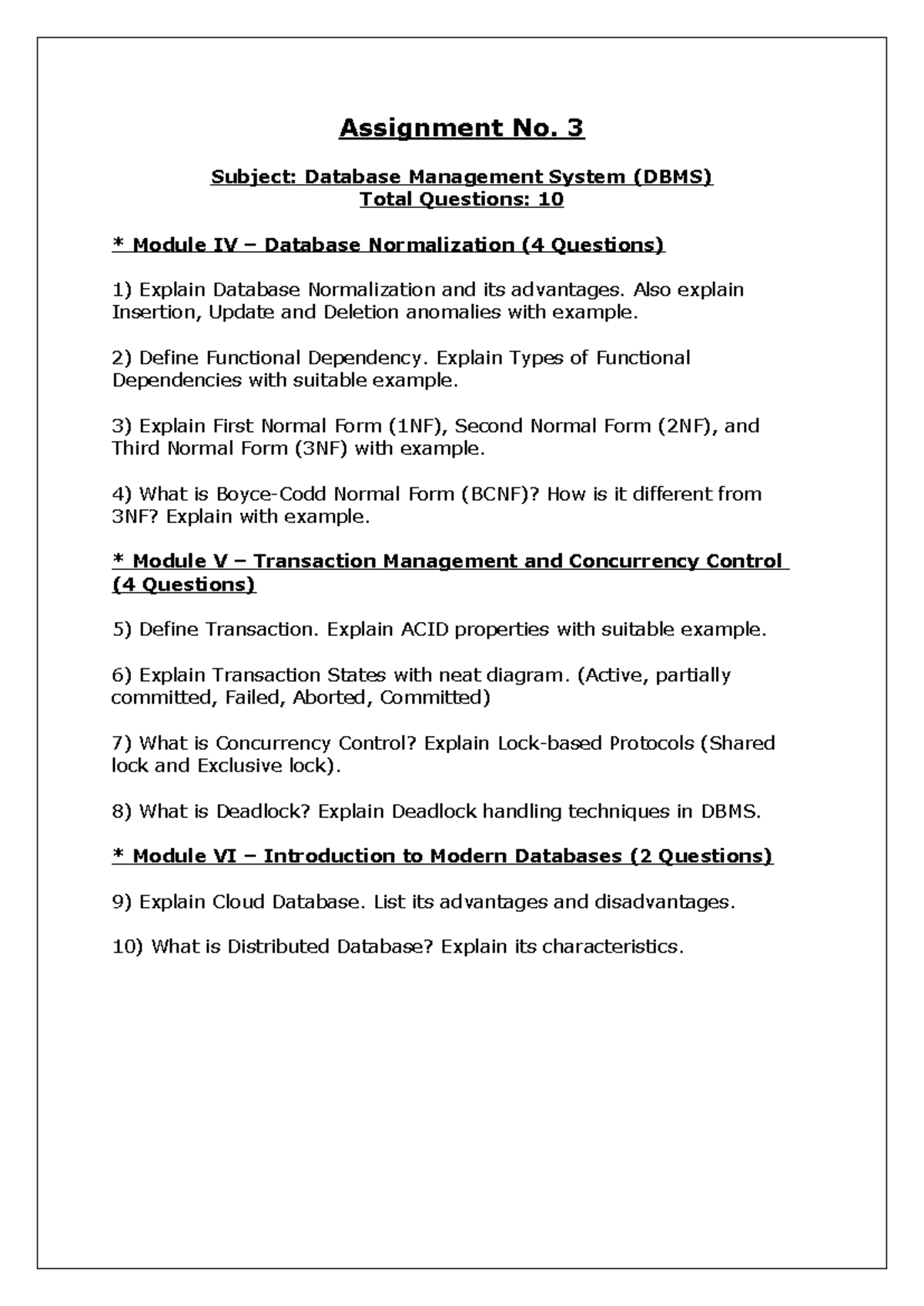 DBMS Assignment No. 3: Database Normalization & Transaction Management ...