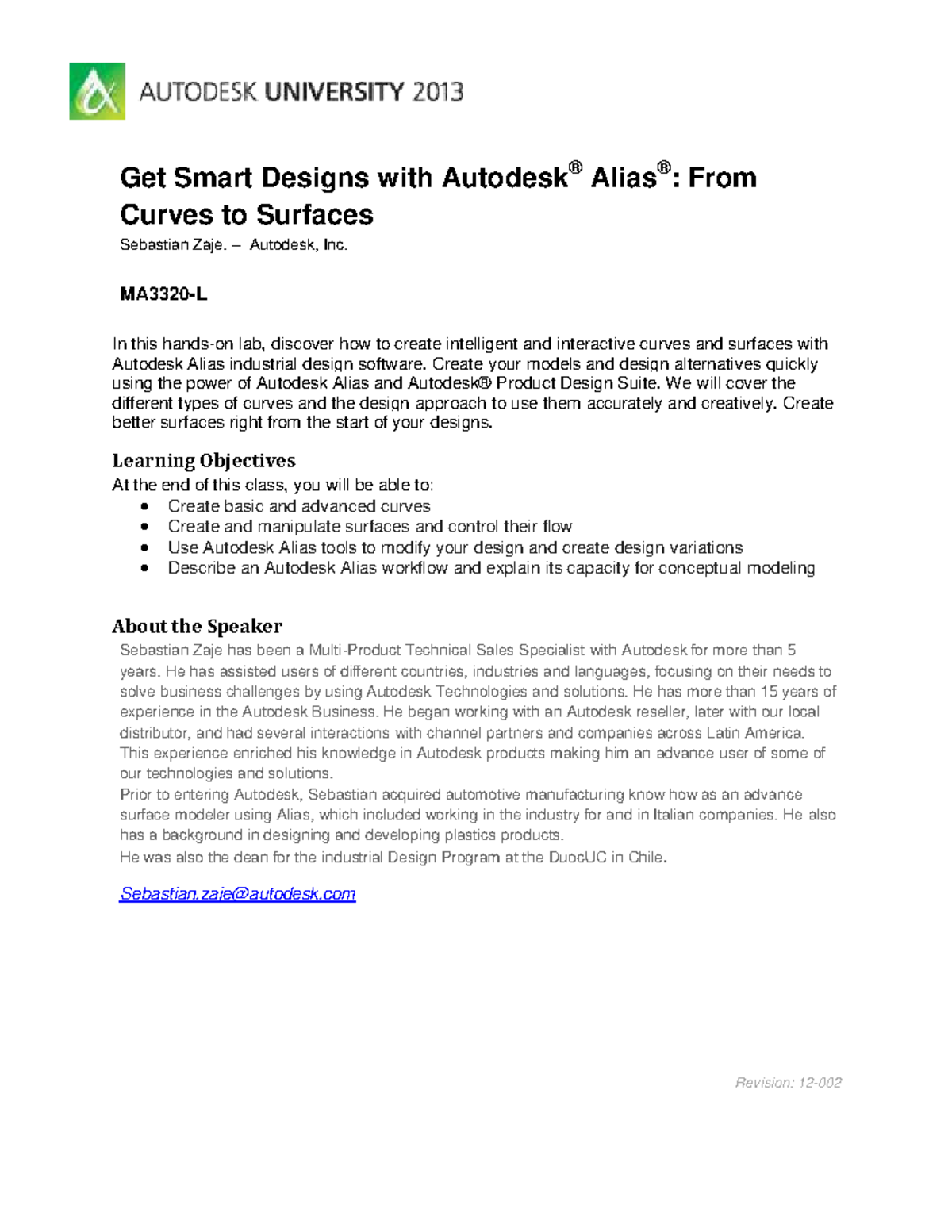 MA3320-L Get Smart Designs: Curves & Surfaces in Autodesk Alias - Studocu