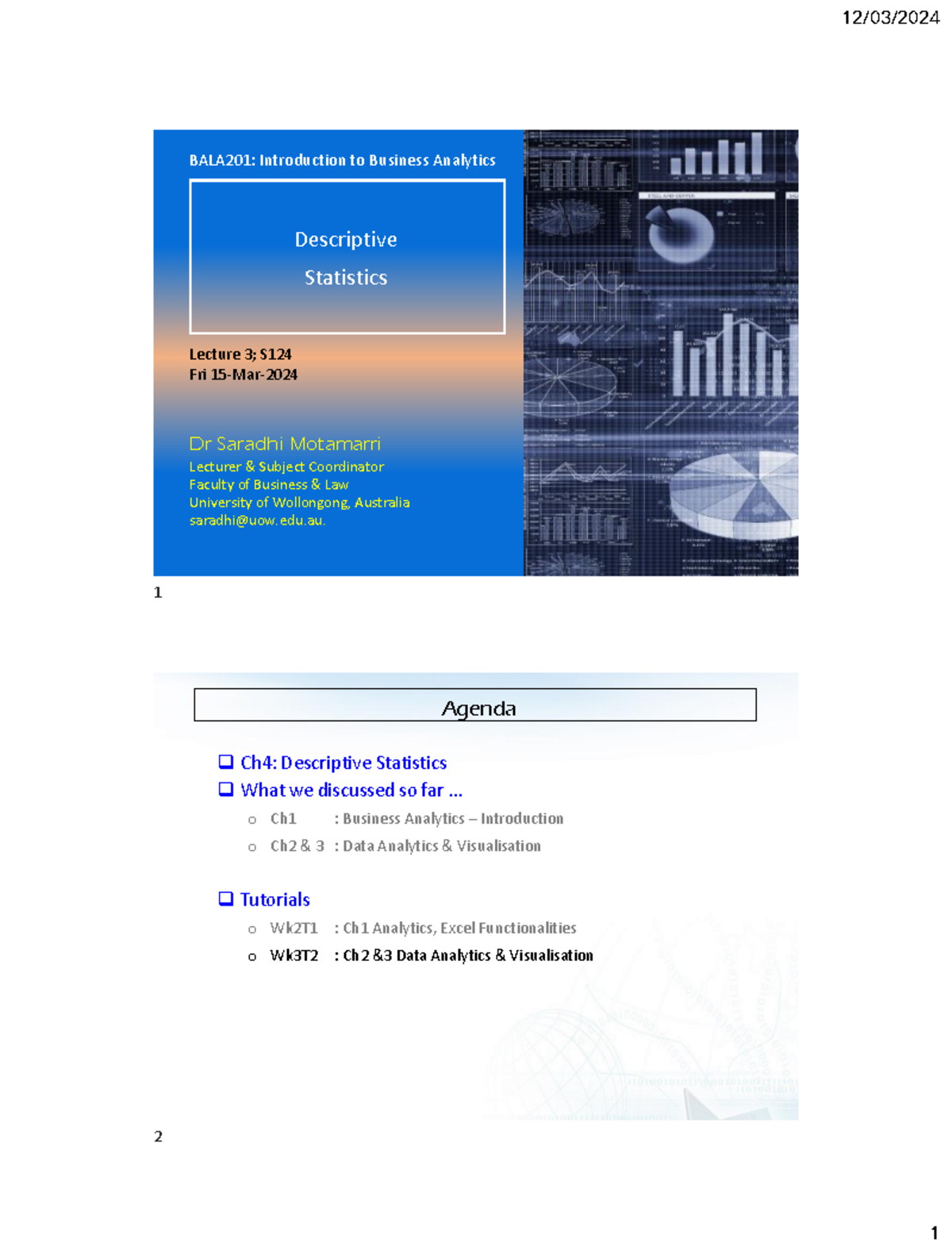 BALA201 Lecture 3: Intro to Descriptive Statistics & Analysis - Studocu