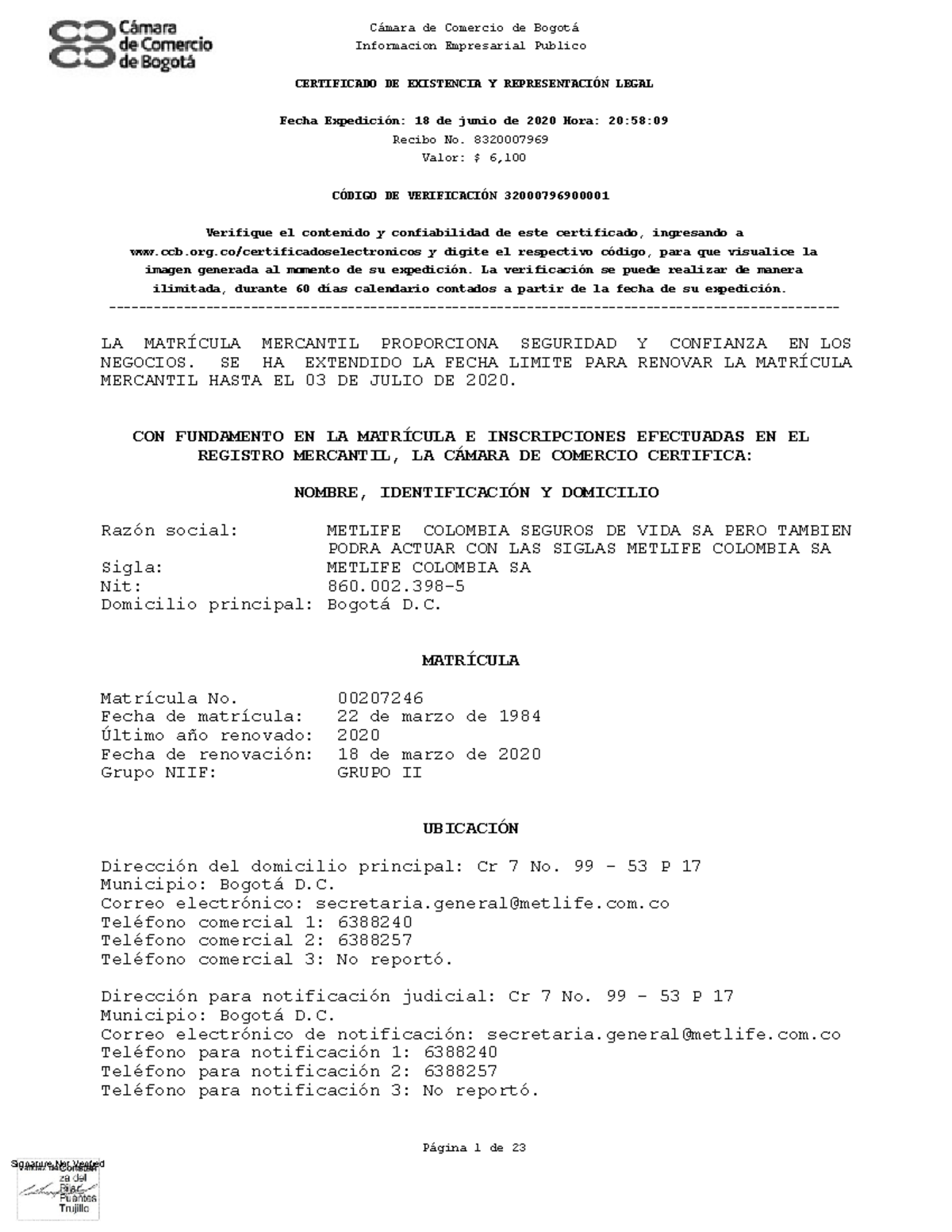 Certificado de Existencia y Representación Legal - Metlife Colombia ...