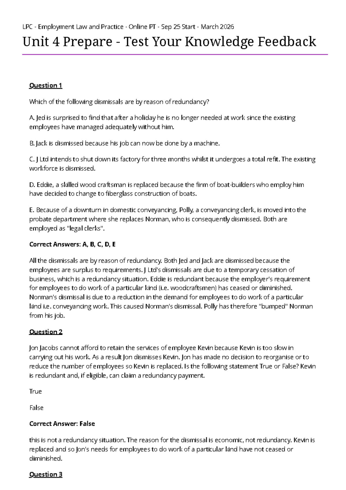 LPC Employment Law & Practice Unit 4: Redundancy Knowledge Test - Studocu