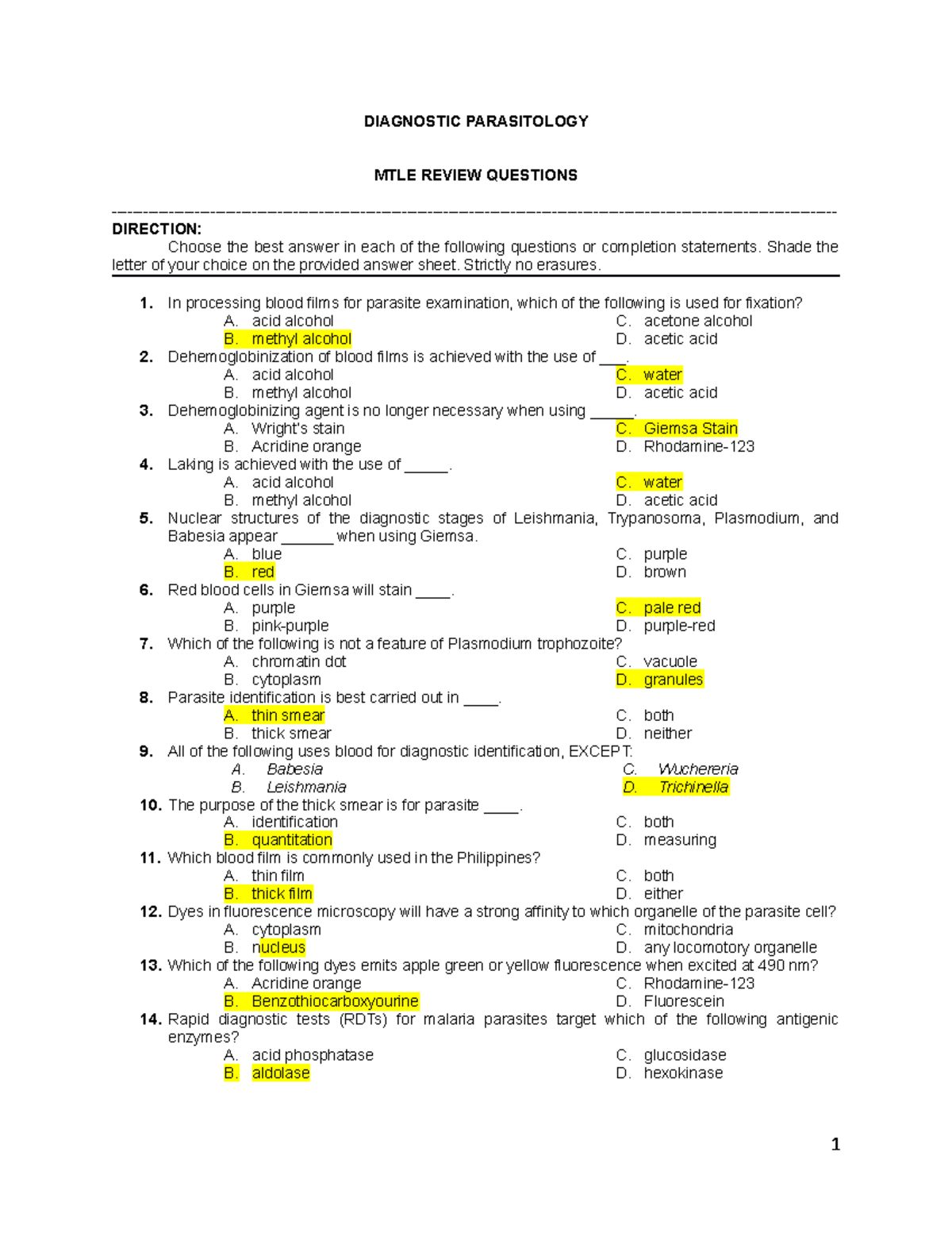 MTLE Parasitology - Diagnostic Recall Questions and Reviews - Document Preview