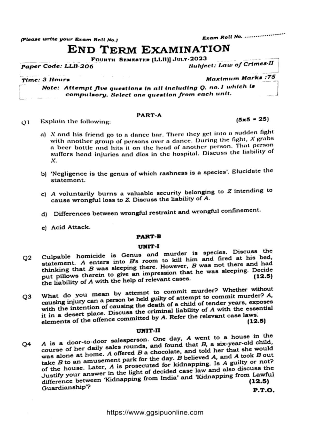 Crimes II 2023 - End Term Exam Paper (LLB) - Previous Year Questions ...