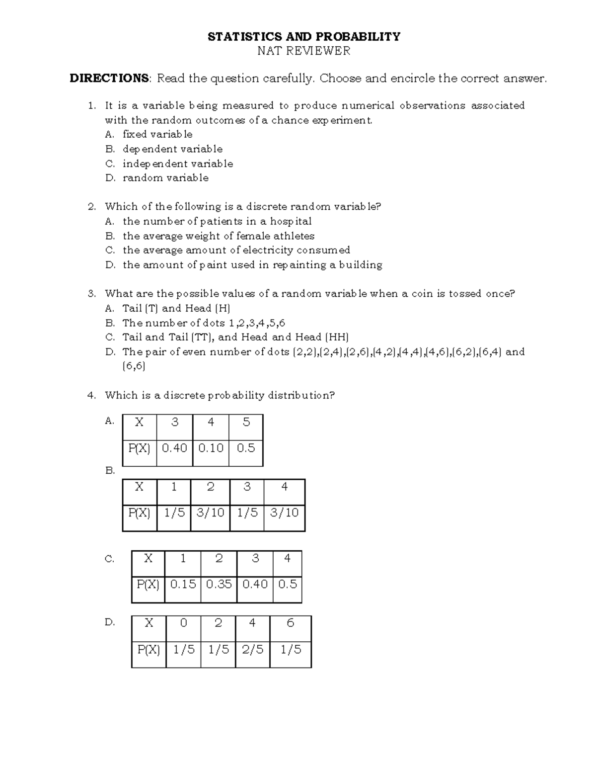 STATISTICS AND PROBABILITY NAT REVIEWER: PROBABILITY QUESTIONNAIRE ...