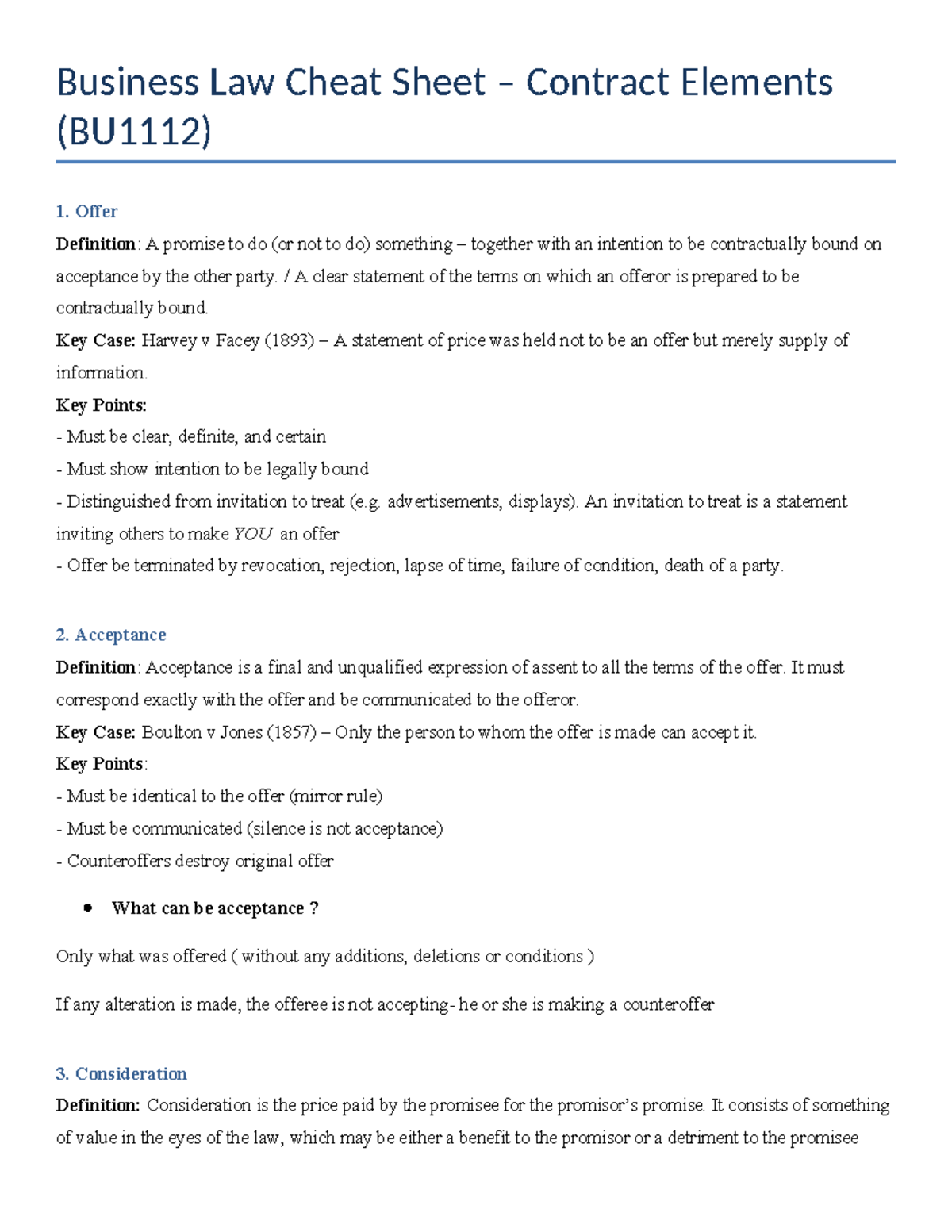 Business Law Cheat Sheet: Key Contract Elements Explained - Studocu