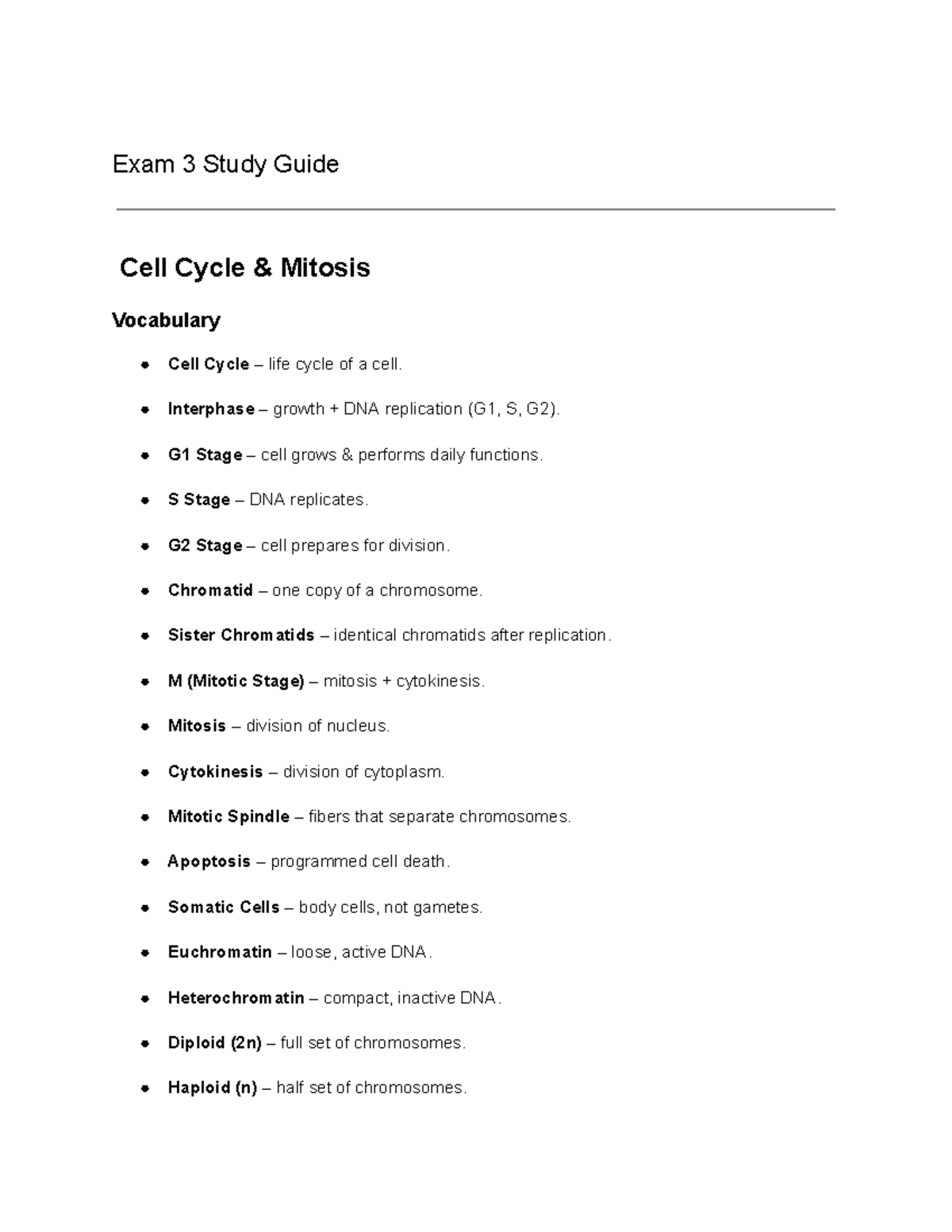 Biology Exam 3 Study Guide: Cell Cycle, Meiosis, Genetics - Studocu