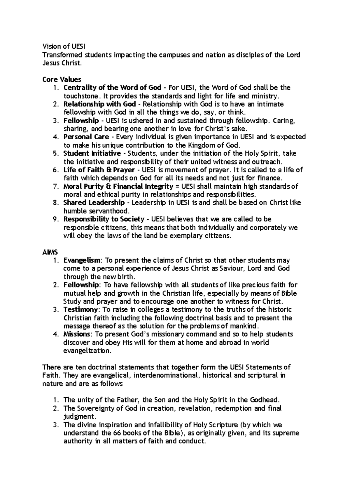 UESI Vision and Core Values: Comprehensive Notes Guide - Studocu
