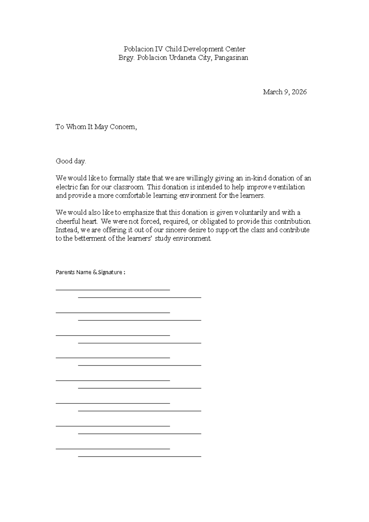 Letter of In-Kind Donation for Classroom Improvement - Studocu