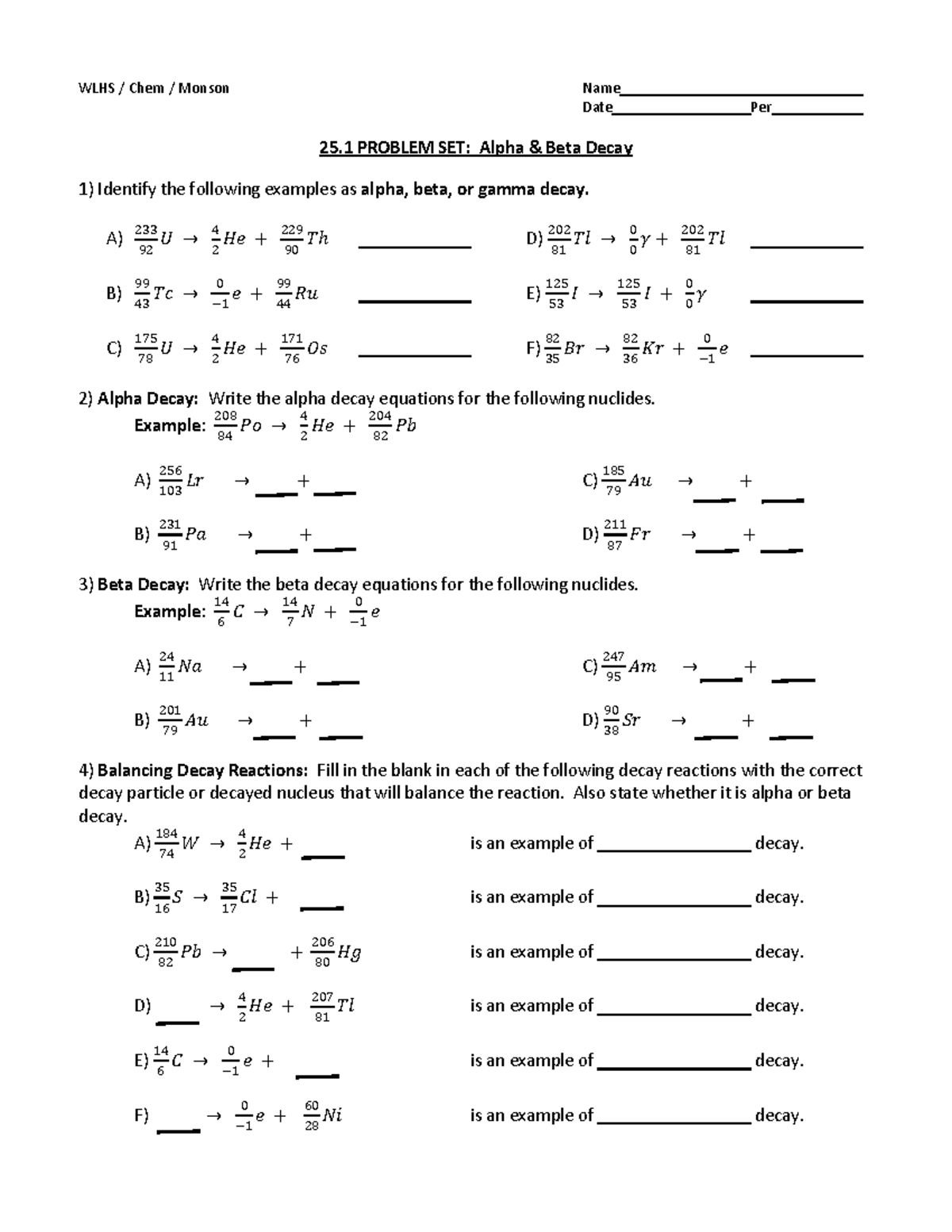 WLHS Chem 25.1 Problem Set: Alpha & Beta Decay Exercises - Studocu