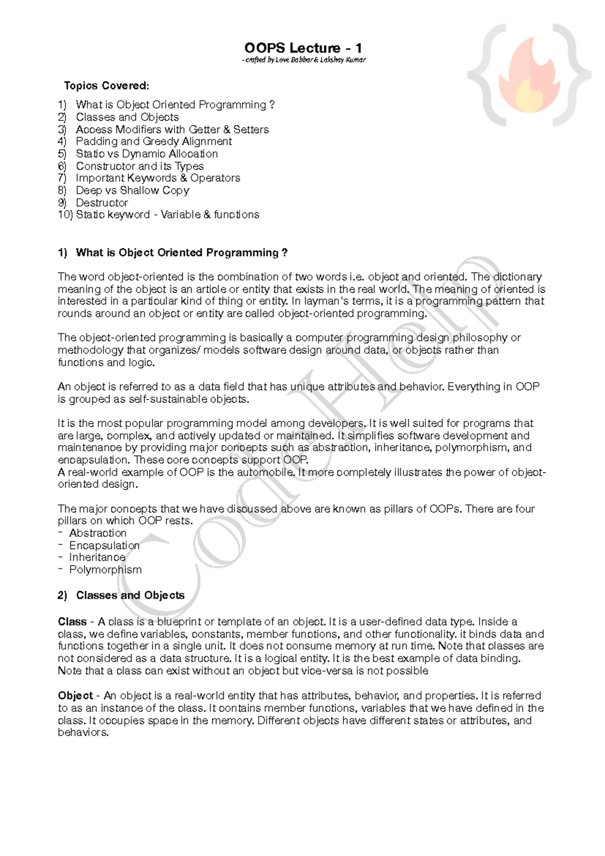 OOPS Lec1 1 - OOPS notes - Topics Covered: What is Object Oriented ...