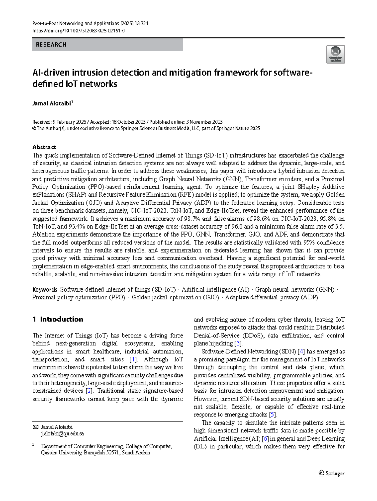 Research on Intrusion Detection & Mitigation in SDN-based IoT Networks ...