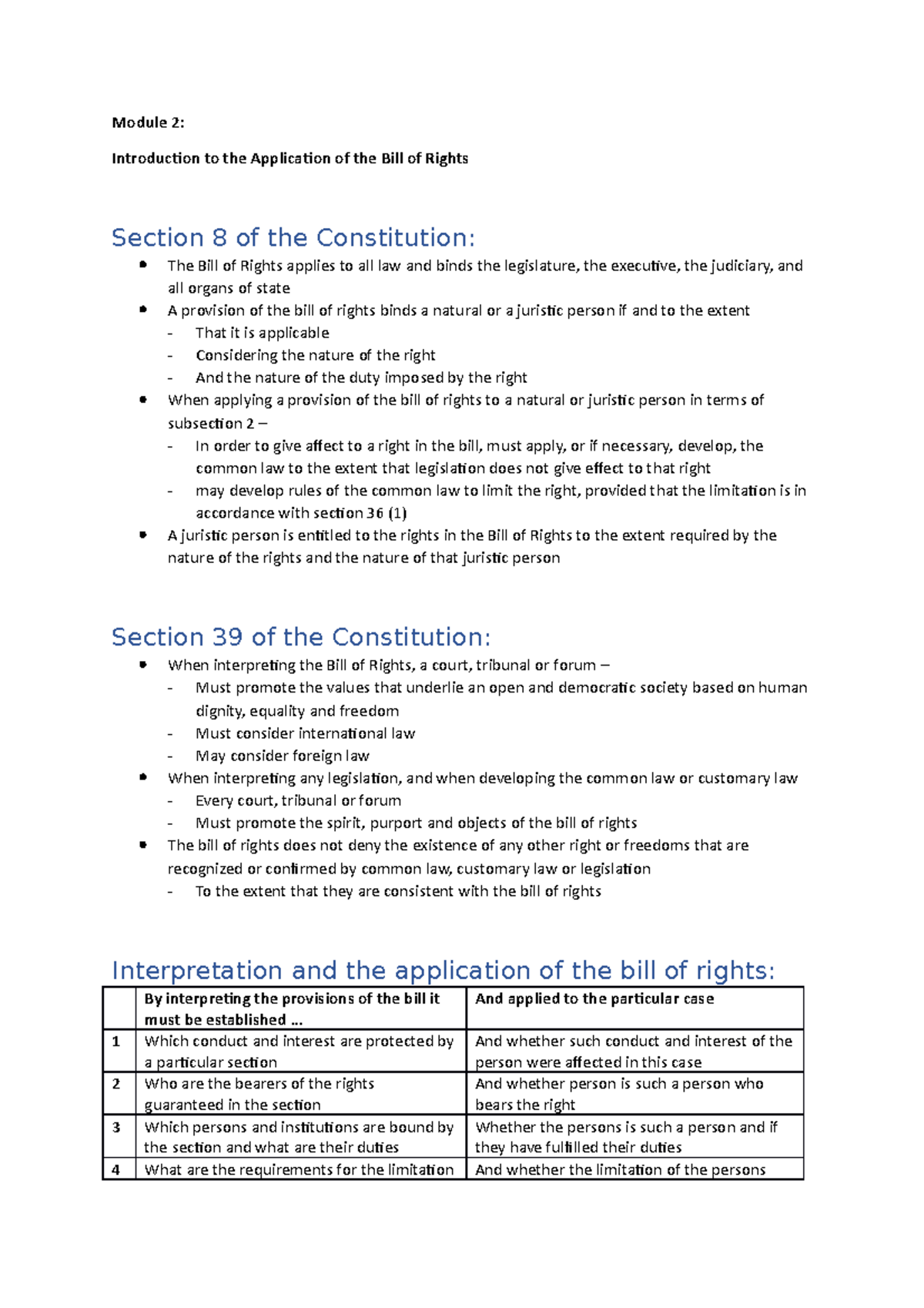 Human Rights Course M2: Application of the Bill of Rights - Studocu