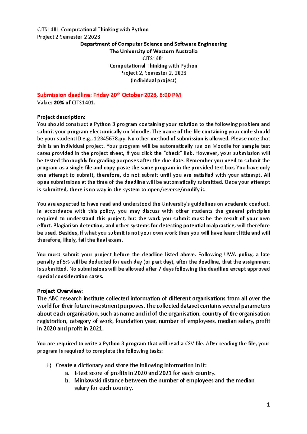 CITS1401 Project 2: Python Program Development Guidelines for Sem 2 ...