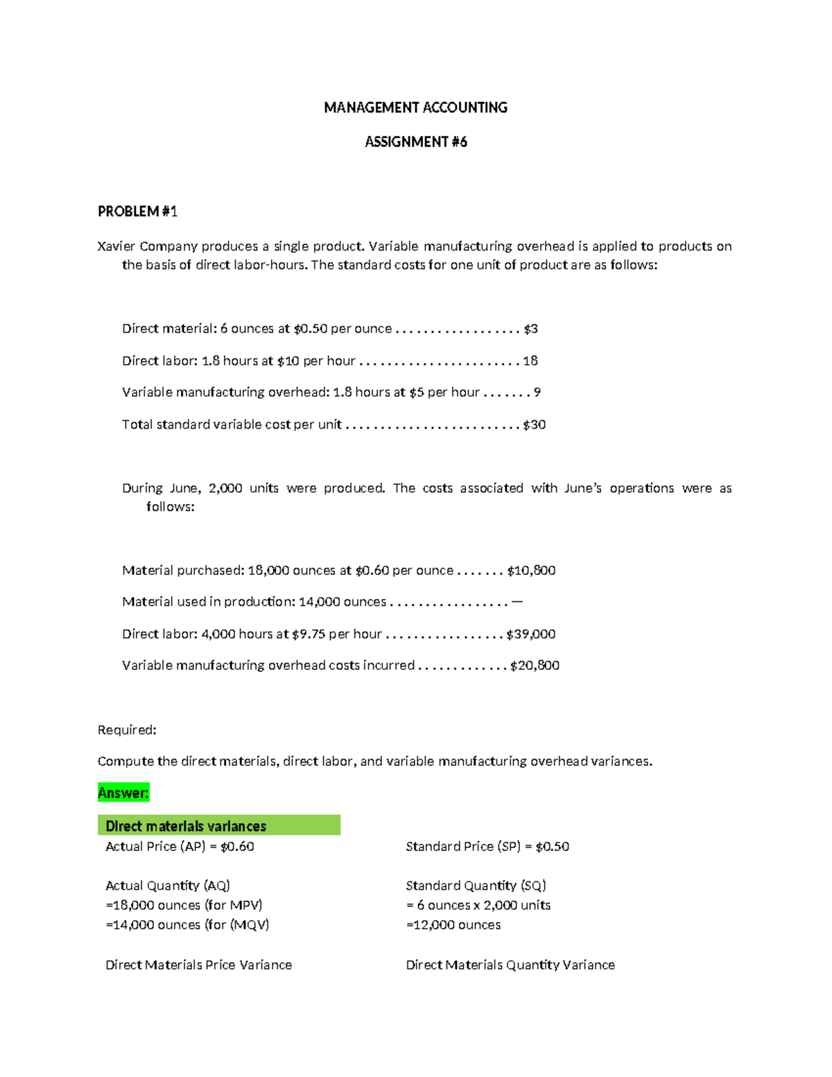 Management Accounting Activity 006 Solutions & Variance Analysis - Studocu