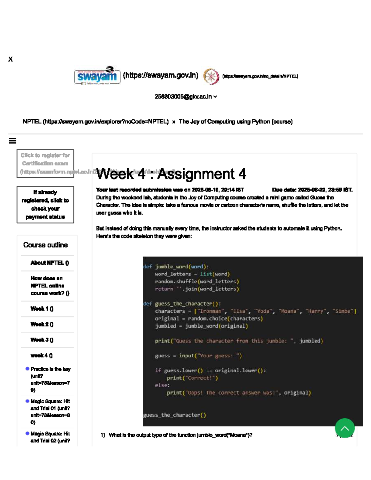 NPTEL CS101: Joy of Computing with Python - Assignment 4 Guide - Studocu