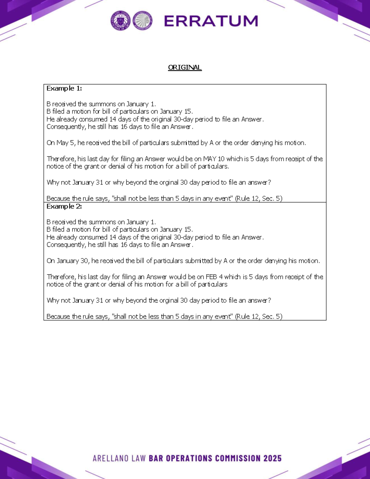 Erratum: Remedial Law Examples on Filing an Answer - Studocu