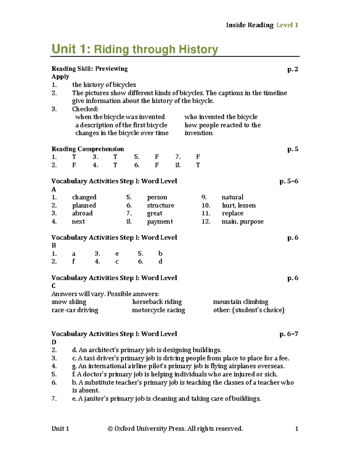 Inside Reading Level 1: Unit 1-5 Answer Key and Vocabulary Activities ...