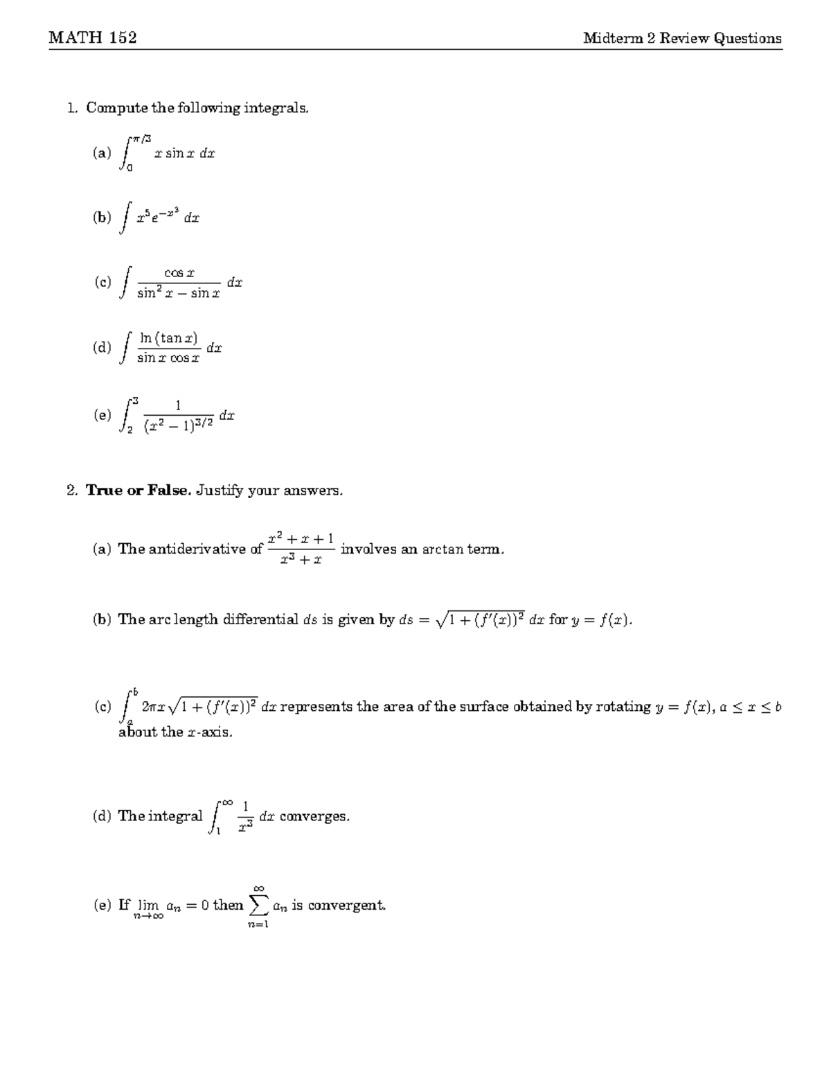 MATH 152 Midterm 2 Review Questions and Practice Solutions - Studocu